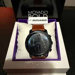 (Brand New) Movado Bold Chronograph Watch // Blue & Brown Leather 
