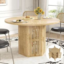 47 Inch Round Dining Table with Storage for 4-6, Boho 6 Doors Circle Kitchen Table with 2 Tier Shelf, Mid Century Modern Wooden Dinner Table