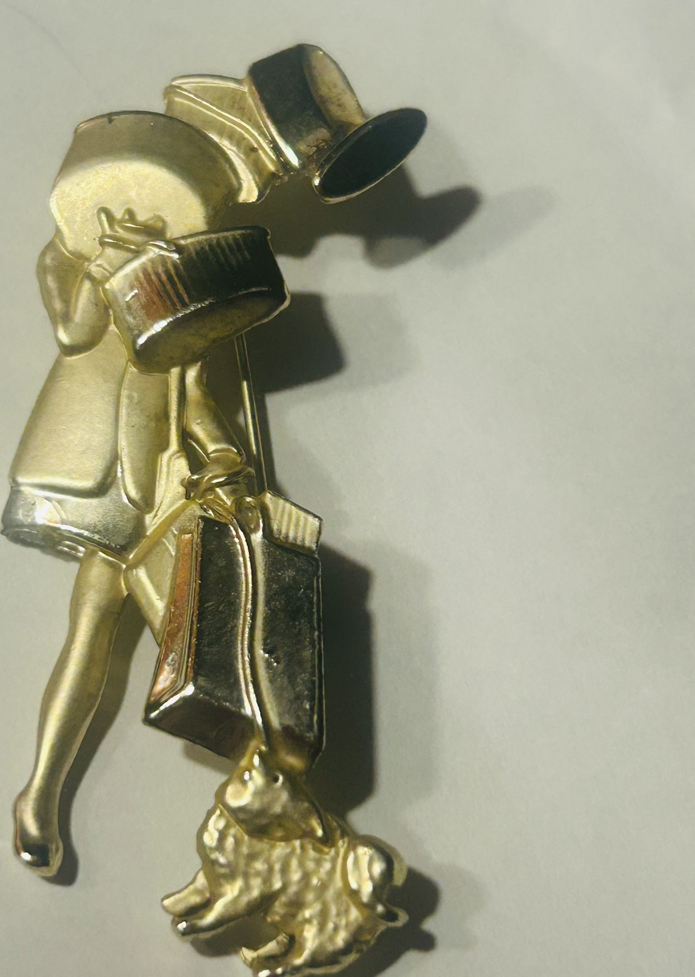 Lady Shopper Gold Tone Lady With Bags, With Small Animal Trying To Get Her Attention Cute Brooch Pin 3 Inches Tall