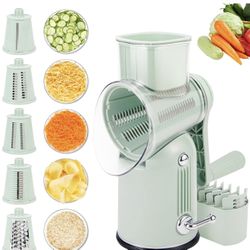 Cheese Grater with Handle: 5-in-1 Cheese Grater Hand Crank, Strong Suction Base for Fruit Vegetables Nuts with Blade Storage Box (Green)