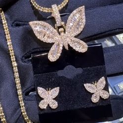 2CT Butterfly Pendant + 14k 16” Ice Chain W/ Free  Studs