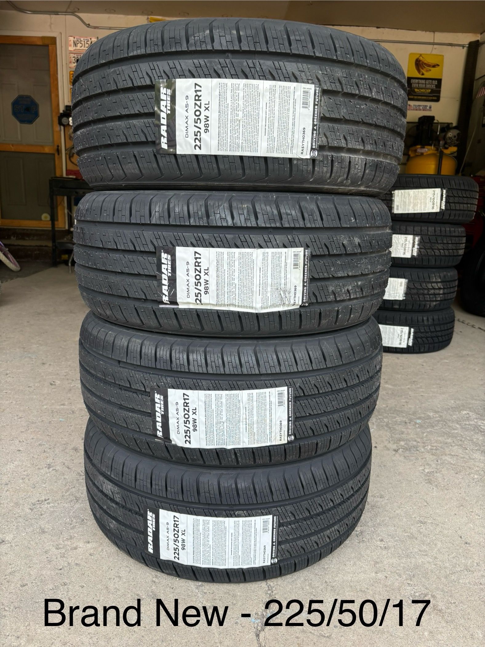 (4) - 225/50/17 Radar Dimax AS-9 Tires