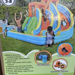 2 large water slides lead to a splash pool Air blower with GFCI for safety included Inflates in 2 minutes Constructed of durable puncture-resistant ma