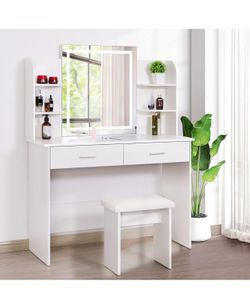 VIVOHOME Makeup Vanity Table Set with 3-Color Dimmable Lighted Mirror, 6 Storage Shelves, 2 Drawers, Cushioned Stool, White