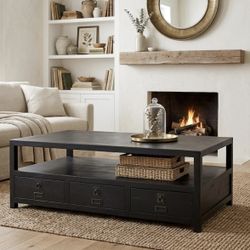 Pottery Barn Style Dupe Coffee Table w/ 6 Drawers + Storage Shelf