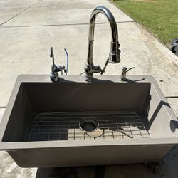 Topmount Single Bowl Quartz Kitchen Sink and Kohler Pull-down kitchen sink faucet with three-function spray head and Matching Soap Dispenser