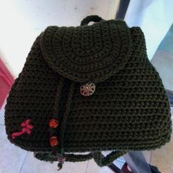 Olive Green Small  Crochet Backpack Lined Inside