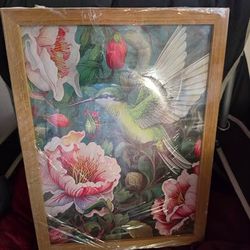 Framed Hummingbird Canvas Wall Art - Green Hummingbird & Peonies