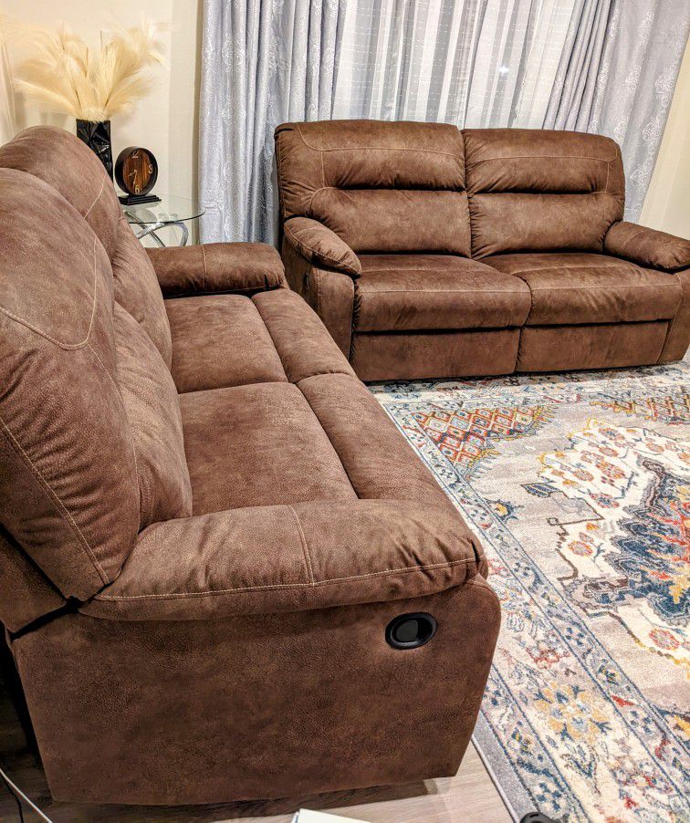 Brand New Set of 2 Ashley Faux leather, pull tab reclining sofa, Couch Section, Loveseat Set brown 1000$ 
Pick up in Encino 
