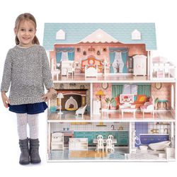 ROBUD Wooden Dollhouse for Kids Girls, Toy Gift for 3 4 5 6 Years Old, with Furniture