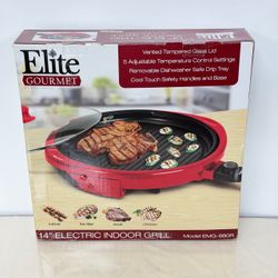 Elite Gourmet EMG-980R 14” Indoor Electric Grill Nonstick Glass Lid Red NEW