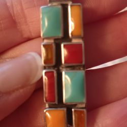 Vtg.Mexico Sterling Silver Turquoise, Amber,coral Pendant