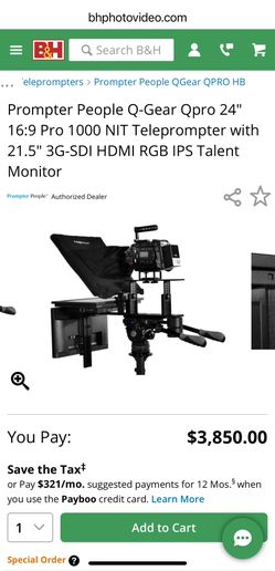 Prompter People Q-Gear Qpro 24" 16:9 Pro 1000 NIT Teleprompter with 21.5" 3G-SDI HDMI RGB IPS Talent Monitor