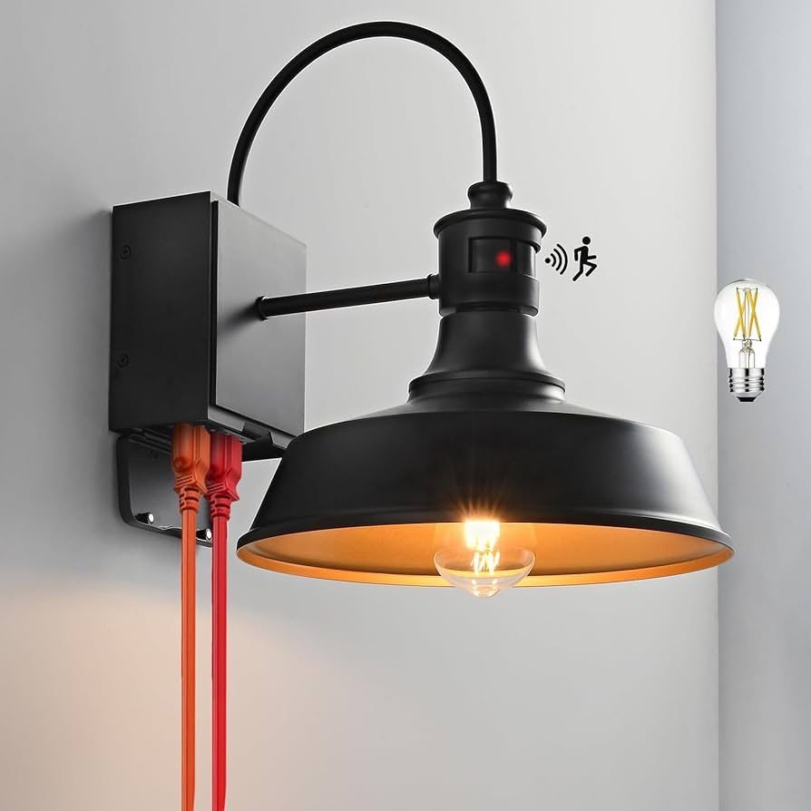 Outdoor Porch Light With GFCI Outlet & Motion Sensor – 3 Modes, Dusk To Dawn, Waterproof Wall Sconce, Dimmable Bulb Included (2700K, 700lm)