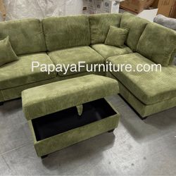 New! 106” Plush Sage Sectional And Ottoman, Sectional Sofa,Green couch, Green Sofa, Sectional And Storage Ottoman, Sectionals, Sofa, Corduroy Sectiona