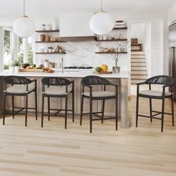 Aluminum Outdoor Bar Stool with Removable Cushion, Boho Rattan BarStools