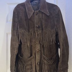 Vintage 70s Brown Leather Fringe Western Jacket Coat Size 38