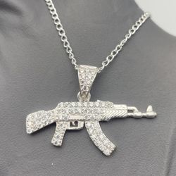 Solid 925 Sterling Silver CZ AK-47 Pendant + 2mm Curb Chain (18”)