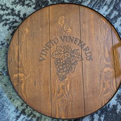 Round wooden wine barrel tray with metal handles