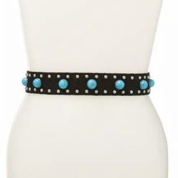 Steve Madden Women Woven Fabric Belt  with Faux Turquoise studs Size S NWT