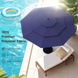 10 FT Patio Umbrella, 3 Tier Outdoor Table Umbrella with 8 Sturdy Glass Fiber Ribs and Push Button Tilt, Outdoor Patio Umbrellas for Market Pool Garde