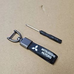 Brand New Mitsubishi Black Leather Strap Keychain Keyring