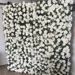 Flower wall with white flowers and greenery 7 Feet Tall 6 Feet Wide 