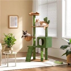 52.5'' Height Cactus Cat Tree Condo with Natural Sisal, Green/Brown