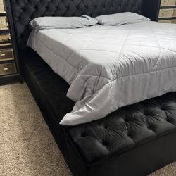 Like New Black Velvet Tufted King Platform Storage Bed Frame  - Mattress NOT  Included 