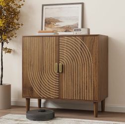 Mid-Century Modern Wood Storage Cabinet with Carved Arch Detail