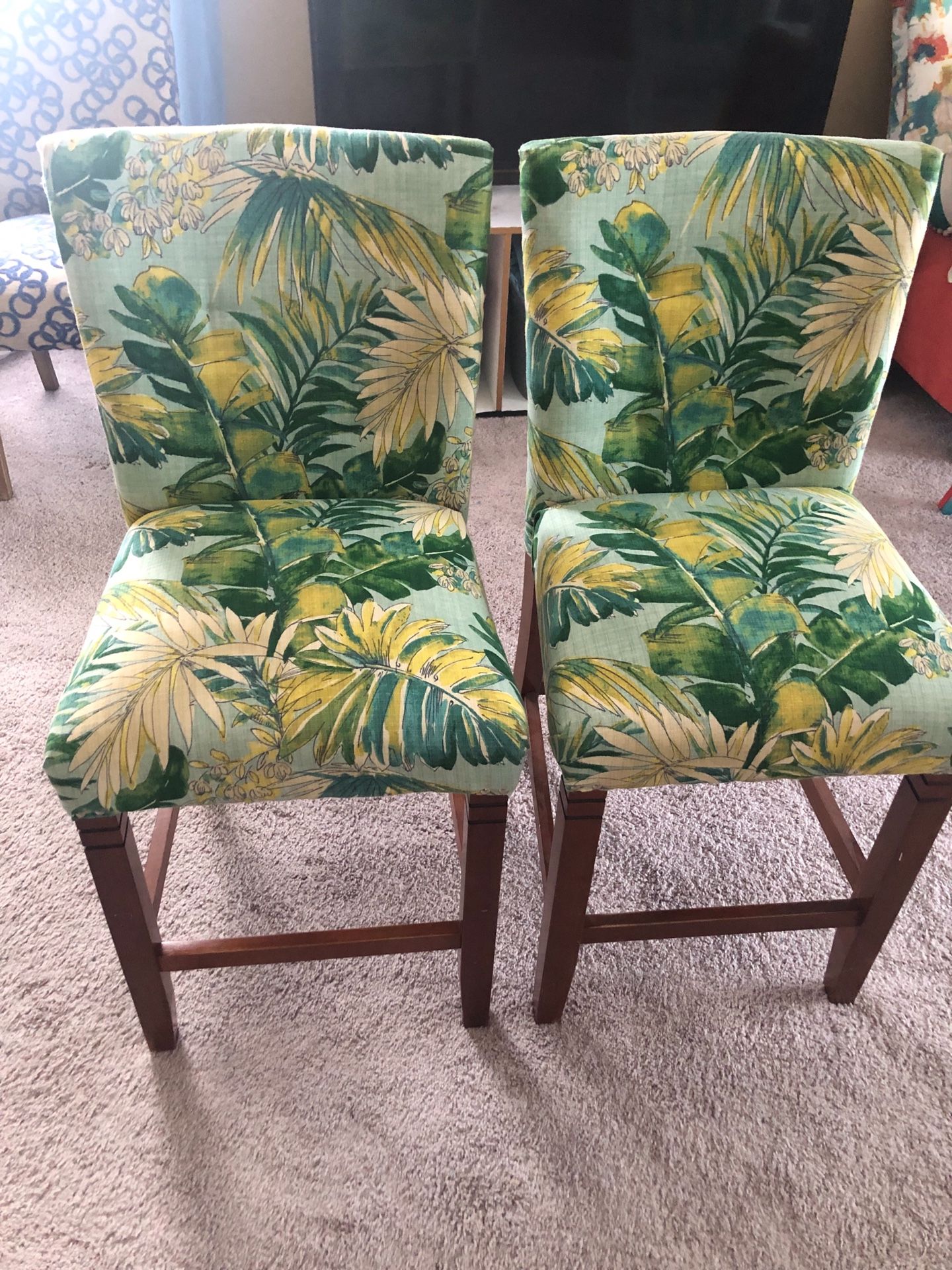 2 - Green And Blue Tropical Palm Leaves reupholstered Bar Stools