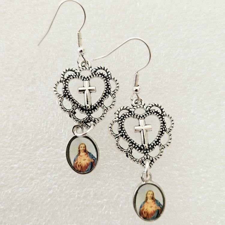 Sacred Heart Cross in Heart Religious Earrings, Christian Catholic Jewelry