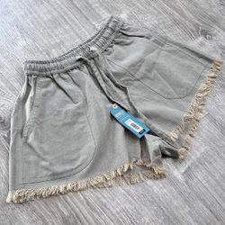 Earthbound Trading Co Small Sage Green Mini Raw Hemline Casual Summer Shorts 100% Cotton NWT!