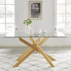 Edwin's Choice 58.5" Rectangle Glass Dining Table, Tempered Glass Table Top and Metal Tubular Legs,