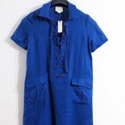 Maeve Anthropologie Women's Blue Lace Up Linen Mini Dress, Size 2