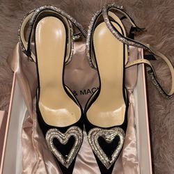 Women’s Mach & Mach Black Satin Double Heart Crystal Embellished Crystals Ankle Strap Pumps Size USA 9