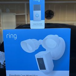 	 Ring - Floodlight Cam Plus Outdoor Wired 1080p Surveillance Camera - White + 	 Ring - Video Doorbell - Satin Nickel