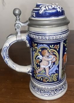 Gerz Majolica Olympia West Germany Figurative Cupid Tankard Vivid Colors
