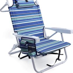 Beach Chairs for Adults Heavy Duty, Compact Portable Lay Flat Folding Chair with Backpack Straps and Large Cooler Pouch, Support to 350LBS (Stripes_Bl