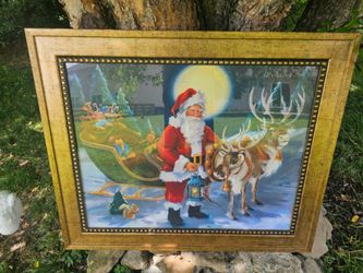$60.00 - Large Christmas Framed Wall Art by Susan Cornish!  Gorgeous Santa, Reeindeers, Sleigh with Gifts Scene! Like New Condition!