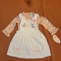 NWT Little Lass Baby Girls 2-piece Overalls Cat/Floral Themed Dress & Bodysuit