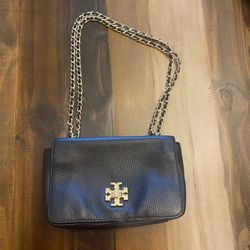 Tory Burch Black Leather Handbag With Gold Chain
