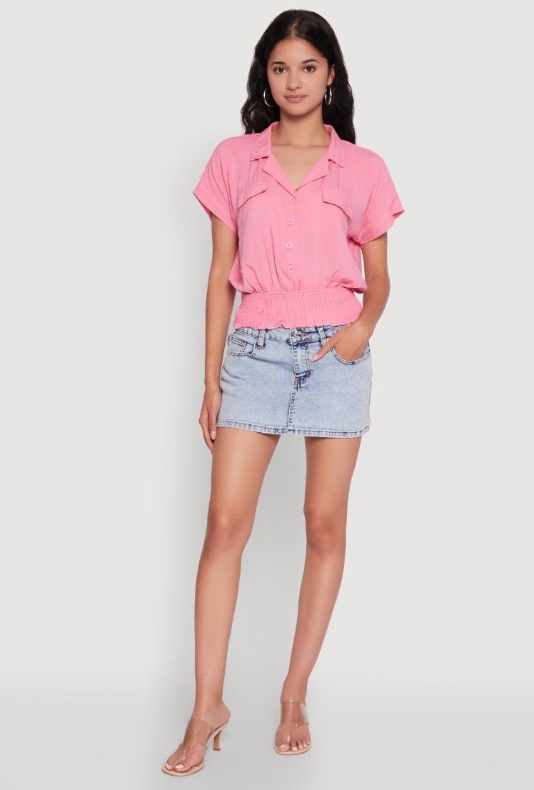 Trendy Smocked Waist Button Up Top Pink