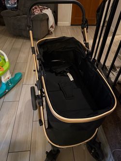 Baby Stroller Black and Gold and a baby walker