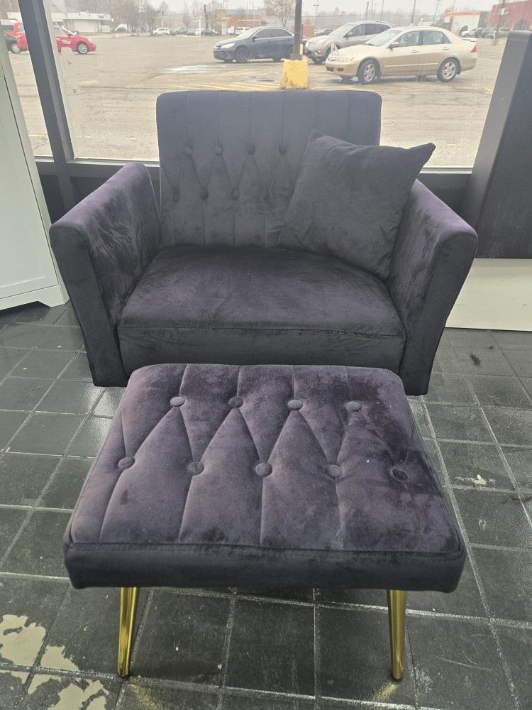 Black Velvet Reclining Accent Chair With Foot Stool