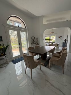 Modern Pedestal Dining Table with 6 Upholstered Chairs