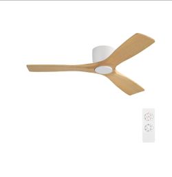 WINGBO 48 Inch Flush Mount DC Ceiling Fan without Lights, 3 Carved Wood Blades, 6-Speed Noiseless Reversible DC Motor, Hugger Ceiling Fan No Lights in