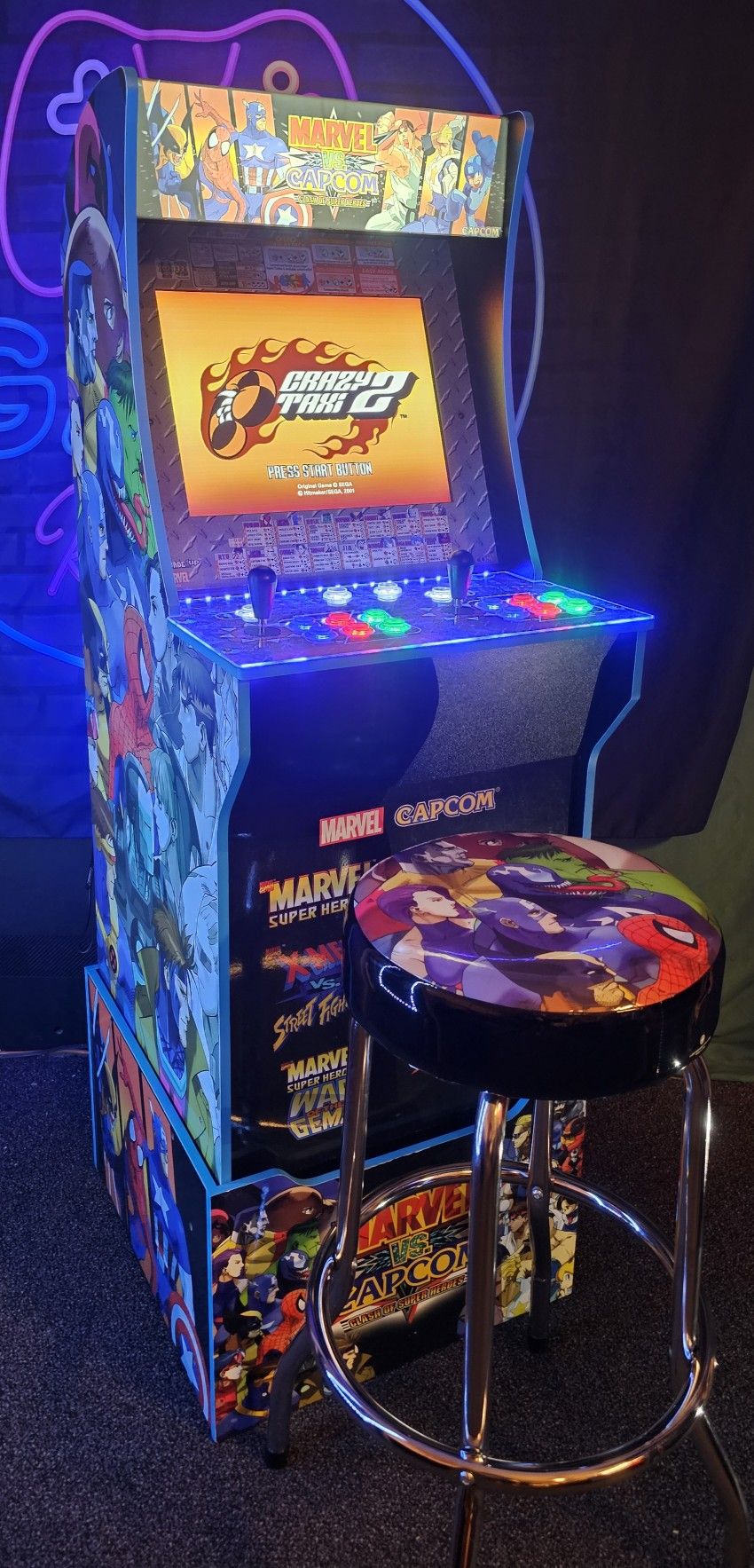 Retro Marvel Vs Capcom Arcade1up Cabinet With Over 15,000 and Matching Stool
