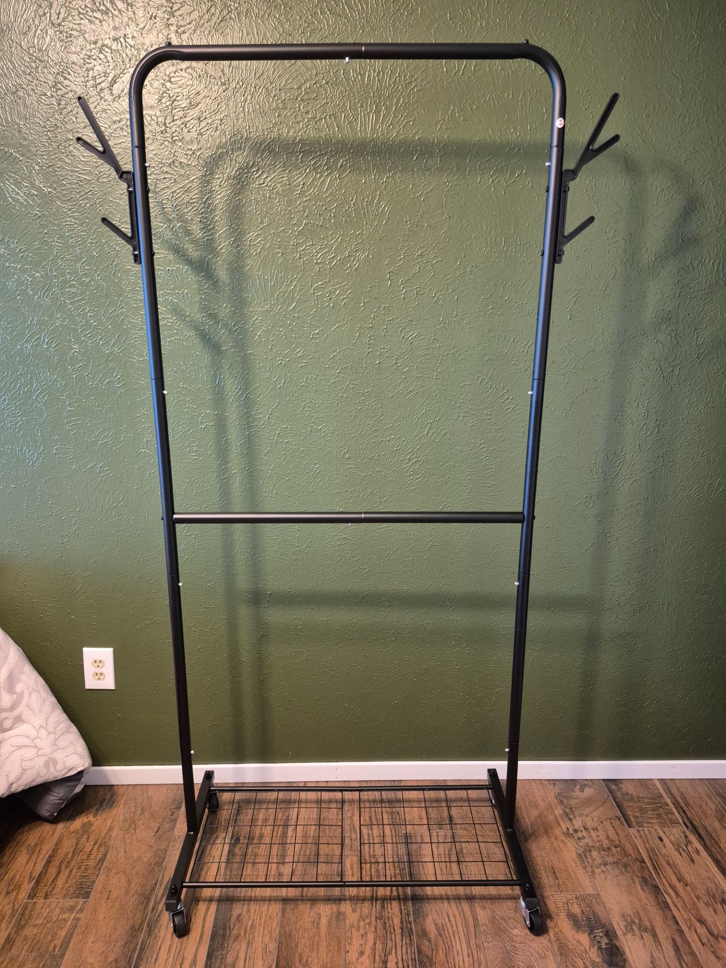 Simple Houseware Double Rod Garment Rack with Wheels, Hooks, and Bottom Shelf (Black)