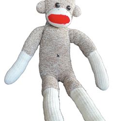 Classic Sock Monkey Plush Doll Brown & White Knit Stuffed Toy Red Mouth